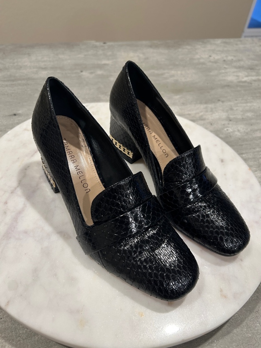 Tamara Mellon Black Embossed Leather Block Heel Loafers Size 35 Made in Italy